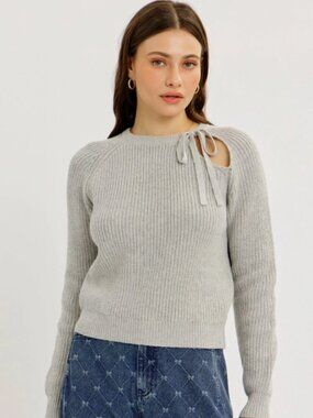 Gray Ribbed Knit Bow Tie Shoulder Cutout Pullover Sweater NWT #D120